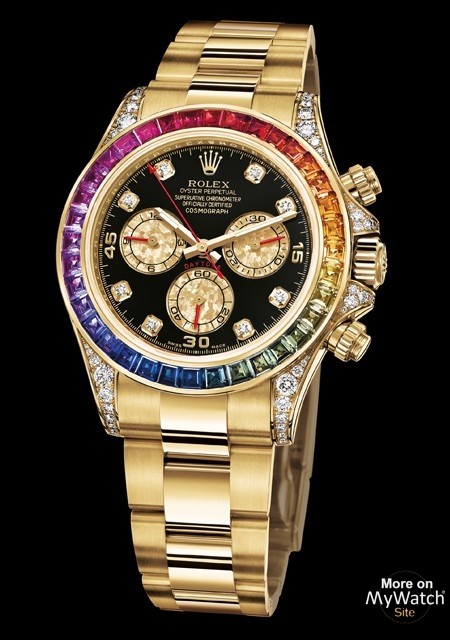 Rolex Watch Cosmograph Daytona Rainbow Made Of Yellow Gold Diamonds Sapphires For Men 5192