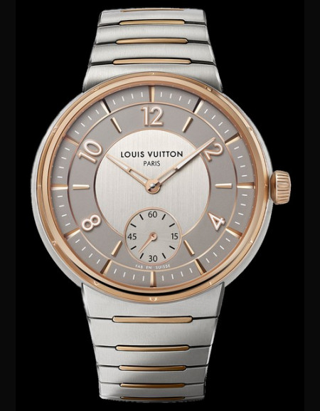 Round Louis Vuitton Rose Gold Black Dial Leather Watch, For