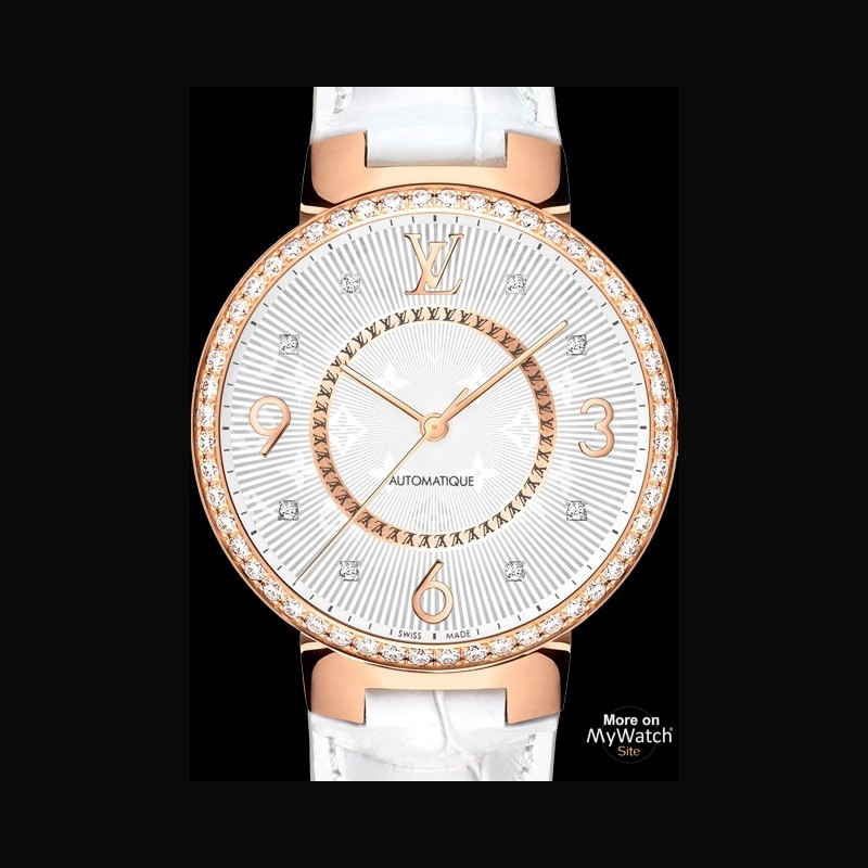 Tambour Monogram 35mm watch in pink gold with diamonds